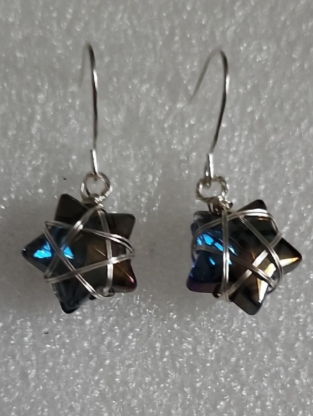 Hand Crafted Iridescent Blue-Purple Star Drop Earrings - Silver Wire